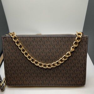 Michael Kors Brown Monogram Belt Bag with Gold Chain